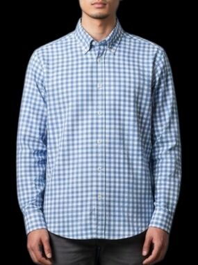 Ledbury Classic Light Blue Gingham Check Dress Shirt Stretch Cotton 15.5 Medium